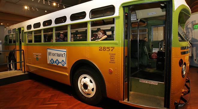 Side view of Rosa Parks bus inside Henry Ford Museum FunINTheD