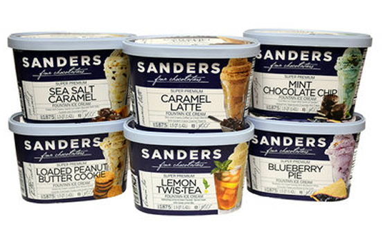 Sanders Mint Chocolate Chip ice cream Sanders Loaded Peanut Butter Cookie ice cream Sanders Blueberry Pie ice cream Sanders Sea Salt Caramel ice cream Sanders Caramel Latte ice cream Sanders Lemon Twis•Tea Ice Cream